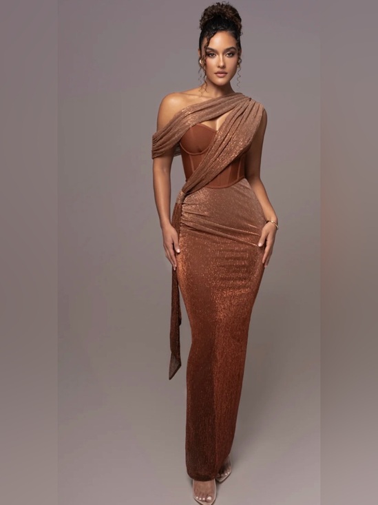 JLUXLABEL Dresses & Skirts - JLUXLABEL One-Shoulder Metallic Copper-Brown Gown